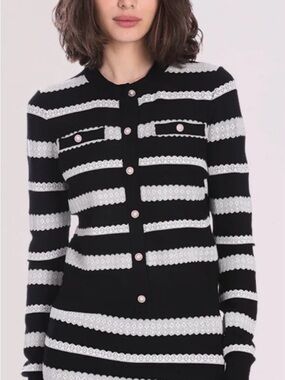 Minnie Rose Black and White Striped Knit Cardigan with Pearl Buttons